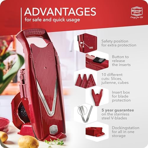 Börner Mandoline Slicer V5 (Professional Set) • Adjustable Vegetable Slicer (7-piece) • 10 Cutting Styles • Kitchen Slicer incl. Docking Station • Stainless Steel V-Blade • Color: Red