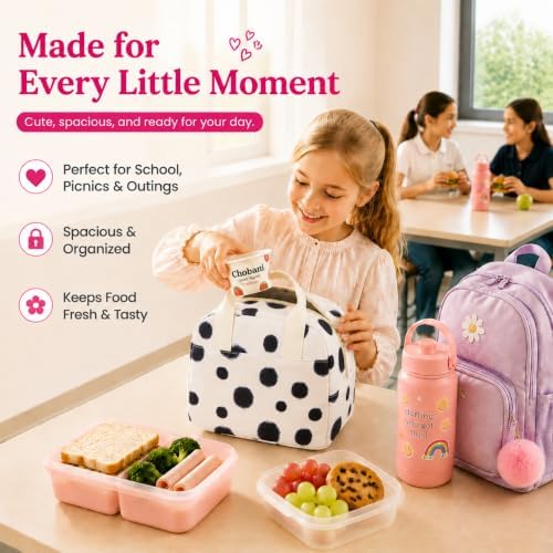 LOVELYWIND Lunch Box for Women, Insulated Lunch Bag, Black Dot Tote
