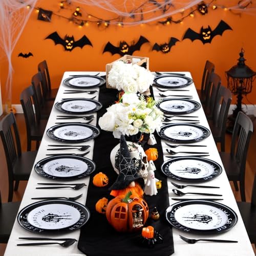 EjonirInjonir 150pcs Spooky Halloween Plates for Adult Party Black Plastic