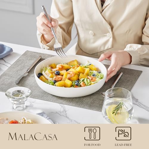 MALACASA 48 Oz Pasta Bowls Set of 4, 9 Inch Salad Bowls, White Ceramic Serving Bowls for Kitchen, Microwave & Dishwasher Safe, Series LUNA, White (Pack of 2)