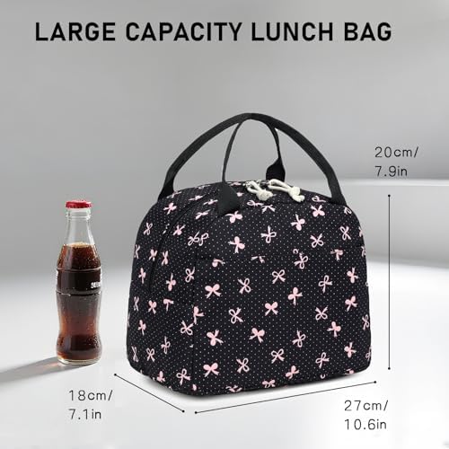 Bluboon Lunch Box for Women Cute Lunch Bag Reusable Insulated Lunch Bags Large Capacity Lunchbox Cooler for Work Picnic or Travel Gifts (Pink Bow Black 6, 10 x 7.5 x 8 inches)