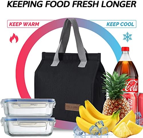 TELLUMO Insulated Lunch Bag for Men Women, Large Reusable Leakproof Lunch Box Container, Small Portable Thermal Snack Bag, Reusable Travel Office Work Beach Black Cooler Tote Bag for Adults, Black