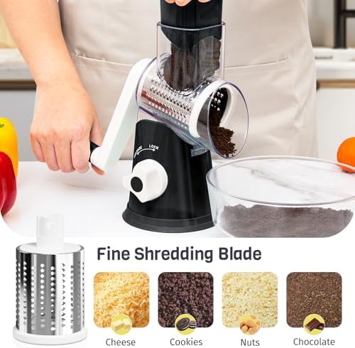 Cheese Grater Hand Crank, Rotary Cheese Shredder with 3 Interchangeable Blades for Coarse, Fine Shredding and Slicing, Strong Suction Base for Pizza, Pasta, Salad, Vegetables, Nuts, Chocolate