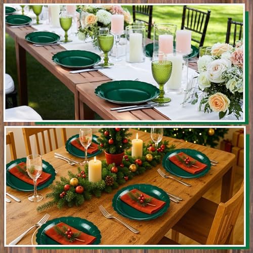 NatNarr 30 Pcs Dark Green Plates 9 Inch Scalloped Green Paper Plates