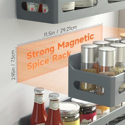 Sevenblue 4-Pack Magnetic Spice Rack for Refrigerator with Hooks, Grey