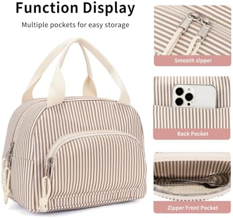 Lunch Bag Women Lunch Box for Women Adult Cute Insulated Lunch Bag Small Cooler Lunch Tote Bags for Work Picnic Travel (Brown Stripes)