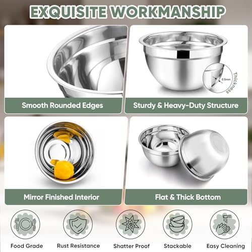 TeamFar Mixing Bowls Set of 5, Stainless Steel Metal Salad Bowls with Lids