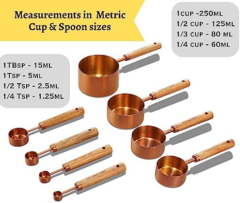 Copper Stainless Steel Measuring Cups and Spoons Set of 8, Wooden Handle with US and Metric Measurements