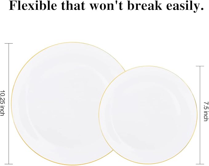 KIRE 100PCS Disposable Plates - White with Gold Rim for Easter/Wedding/Spring Party- Includes 50Pieces 10.25inch Dinner and 50Pieces 7.5inch Dessert/Salad Plates