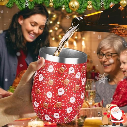 Christmas Wine Tumbler 12 oz Stainless Steel Wine Tumble Insulated Wine Tumbler with Lid Christmas Wine Glass Gifts with Straw and Brushes for Women Men Xmas Wedding Party (Red)