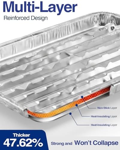 50Pcs Broiler Pans for BBQ Grill, 9x13 Grill Pan Liners with Ribbed Surface, Disposable Aluminum Foil Trays for Oven Without Hole