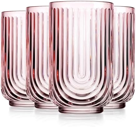 Glaver's Vintage Glassware Art Deco Glasses Ribbed Drinking Glasses U-Shape Arch Design Colored Cocktail Kitchen Tumblers Everyday Dinner Decorative Party Hand-Wash Only (Pink S/4 17oz)