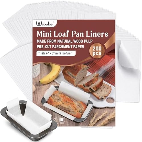 Webake 200Pcs Unbleached Parchment Paper Mini Loaf Pan Liners for 6x3 Small Banana Bread Pan, Original Precut, Non Toxic Baking Papers
