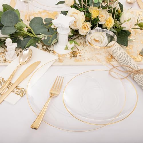 Nervure 100PCS Clear and Gold Plastic Plates - 10.25inch Gold Dinner Plate