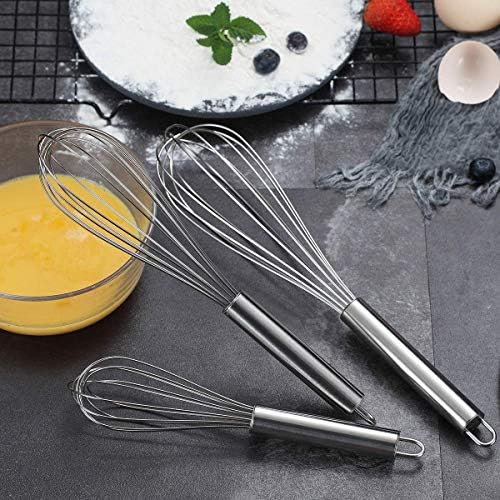 Berglander Whisk Set Pack of 3, Stainless Steel Whisks for Cooking 8",10",12", Wire Ballon Wisk (Silver)