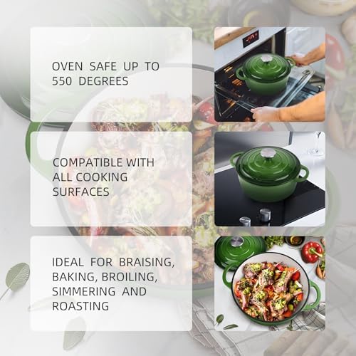 3 Quart Dutch Oven Enameled Cast Iron with Lid - Big Dual Handles - Oven Safe up to 500°F - Classic Round Pot for Versatile Cooking Green