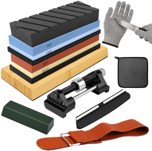 12-Piece Knife Sharpening Stone Set, Whetstone 4 Side 400/1000 3000/8000 Grit, Whetstone Knife Sharpener Stone Kit, Leather Strop, Angle Guide, Flatting Stone, Polishing Compound, Honing Guide