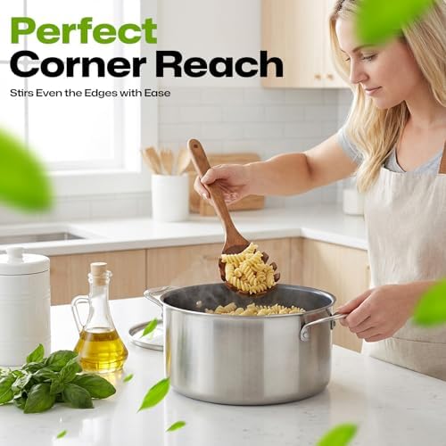 AIUHI Teak Wooden Pasta Fork with Teech, 12.8" Slotted Noodle Server, Heat-Resistant Nonstick-Safe Kitchen Utensil for Stirring & Serving
