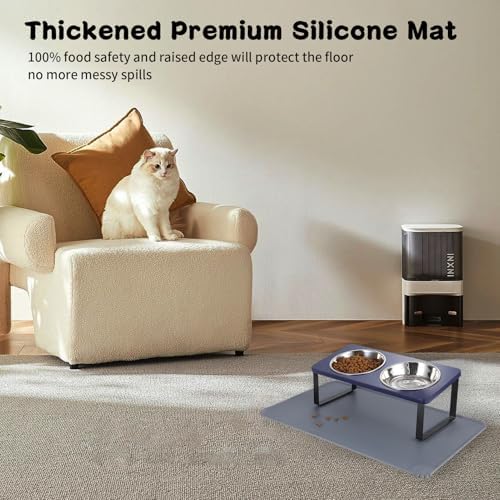 Summark Upgraded Elevated Cat Bowls with Food Mat,15°Tilted Stand Anti Vomiting Raised Cat Dishes for Food and Water,2 Stainless Steel Bowls for Cats and Puppies（Navy Blue）