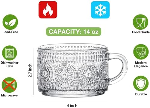 Mfacoy Vintage Coffee Mugs Set of 2, 14 oz Embossed Glass Cups with Handle, Clear Cups for Cappuccino, Latte, Cereal, Yogurt, Milk, Hot or Cold Beverages