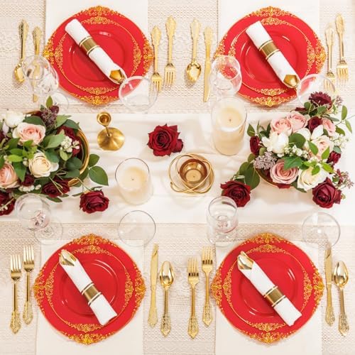 Nervure 350Pcs Red Plastic Plates, Disposable Dinnerware Set for 50 Guests