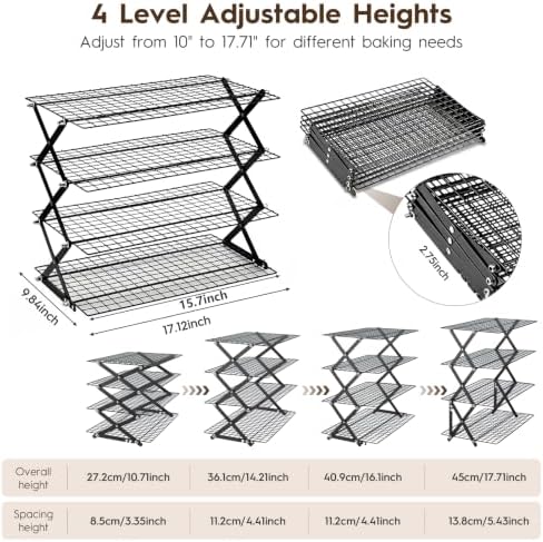 4 Tier Collapsible Cooling Rack - Upgraded Adjustable Heavy Duty Cooling Rack with 4 Setting Stackable Design - Space-Saving Folding Wire Bread Cookie Racks Cooling Baking Gifts for Women Black