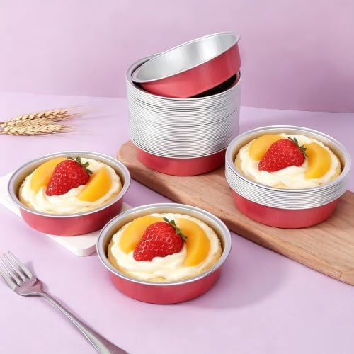 Beasea Aluminum Foil Mini Tart Pans, 100 Pack 7.3oz 215ml Disposable Baking Cups Only, 4" Mini Foil Ramekin Cups No Lids Baking Pie Tin for Cheesecake Fruit Pie Tart - Grapefruit Pink