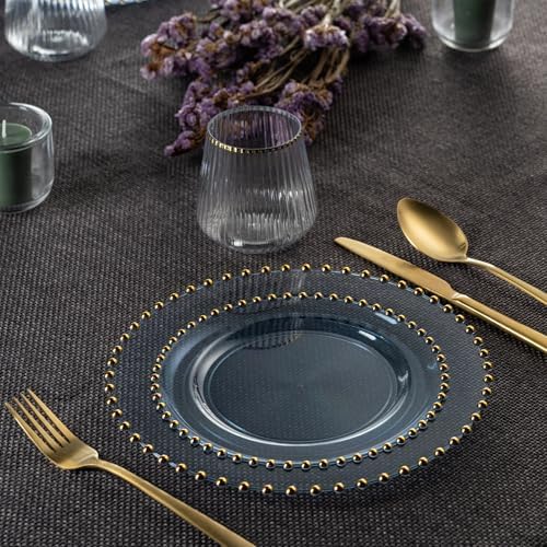 PLASTICPRO 64 Piece Combo Plastic Dinner Plates Disposable Plastic Fancy Heavy Duty Party Dishes 7 inch and 10 inch, Translucent Blue and Gold Beaded