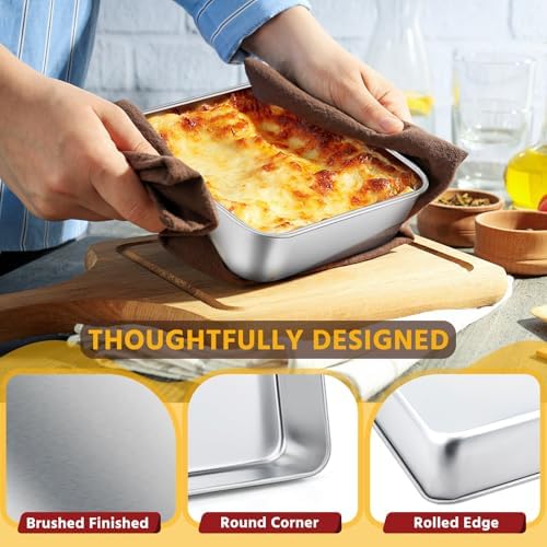 E-far 6 x 6-Inch Square Baking Pan with Lid, Small Stainless Steel Cake Brownie Pans Trays Dishes for Toaster Oven Air Fryer, Healthy & Dishwasher Safe - Set of 2(2 Pans + 2 Lids)
