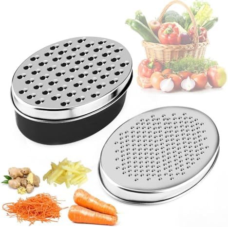 Stainless Steel Cheese Grater with Airtight Storage Container - Box Grater for Kitchen, Shredder for Parmesan, Cheddar, Vegetables, Chocolate, Nutmeg - Includes Lemon for Citrus, Ginger, Butter