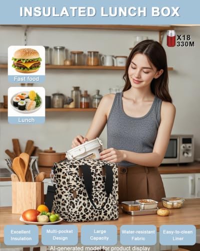 Capolo Lunch Bag for Women,Large Insulated Lunchbox Tote Reusable,L-Leopard