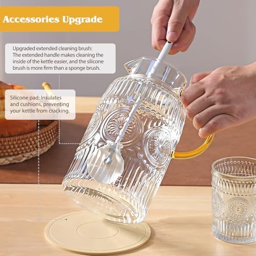 2 Pack 2 Liter/68oz Glass Pitchers With Handle and Lid and 2 Cups, Vintage