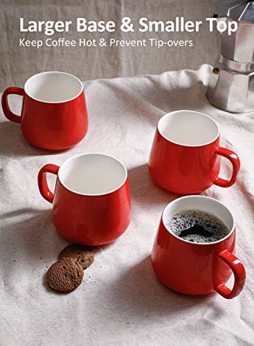 Teocera Ceramic Coffee Mug Set of 4-12 oz Coffee Mugs with Large Handles for Hot or Cold Drinks Like Latte, Cocoa, Tea or Juice - Smooth Ceramic, Dishwasher Safe, Red