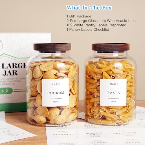 CZHQSMZ Set Of 2 Large Glass Jar with Wooden Lid with 132 Labels, Glass Storage Jars for Flour Pasta Candy Coffee Cookie and More(70 FL OZ/2000 ml)