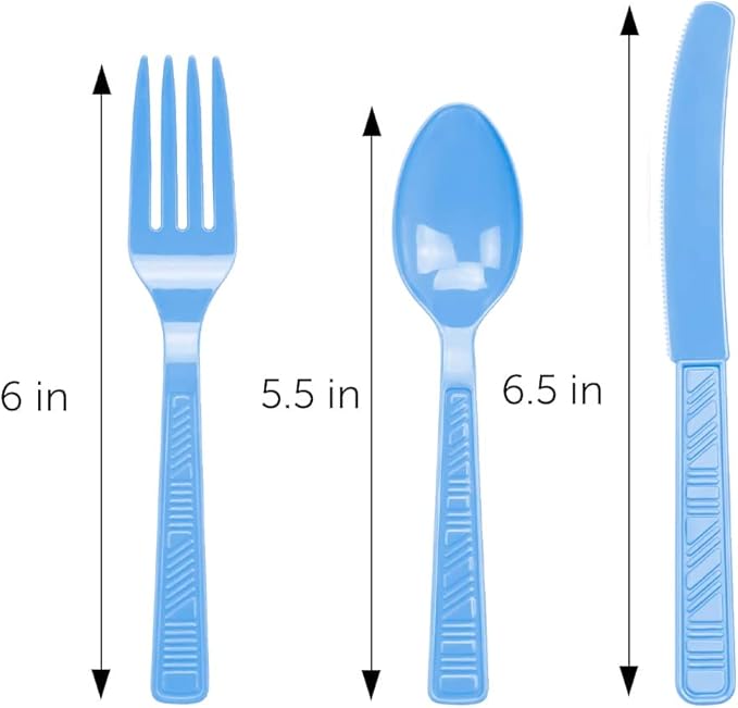 DecorRack Plastic Cutlery Set, Light Blue Colored Plastic Silverware Sets for Parties, 96 Piece Bulk Heavy Duty Utensils (Light Blue, 96 Pieces)