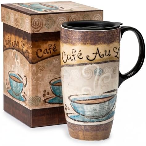 Topadorn 17oz Ceramic Travel Mug with Lid, French Café Coffee Mug with Handle, Vintage Latte Cup for Coffee Tea Cocoa, Microwave & Dishwasher Safe, Gift Box Included
