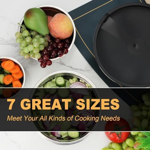 Hunnycook 7 Piece Mixing Bowls with Lids Set - Mixing Bowls Stainless Steel Bowls for Kitchen Baking, Size 0.7, 1.1, 1.5, 2.1, 3.5, 4, 4.5QT, Baking Bowl for Food Preparation, Mixing and Serving Foods
