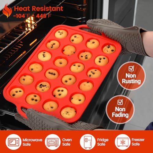 CAKETIME Silicone Mini Muffin Pan 24 Cups with Metal Reinforced Frame, Mini Cupcake Pan NonStick for Baking 1 Pack Oven Dishwasher Safe