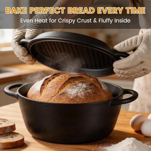 5QT Cast Iron Dutch Oven with Skillet Lid, 2-in-1 Cookware Set