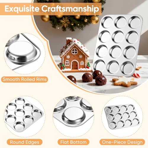TeamFar Muffin Top Pan, 2 PCS 12 Cavity Stainless Steel Shallow Cupcake Pan