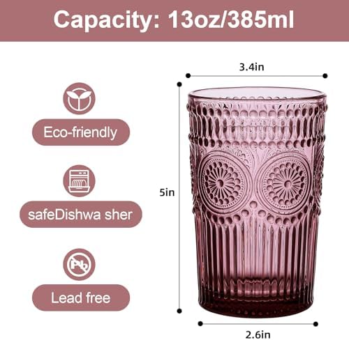 ZMOWIPDL Drinking Glasses Set of 6,13oz Flower Design Purple Glass Cups