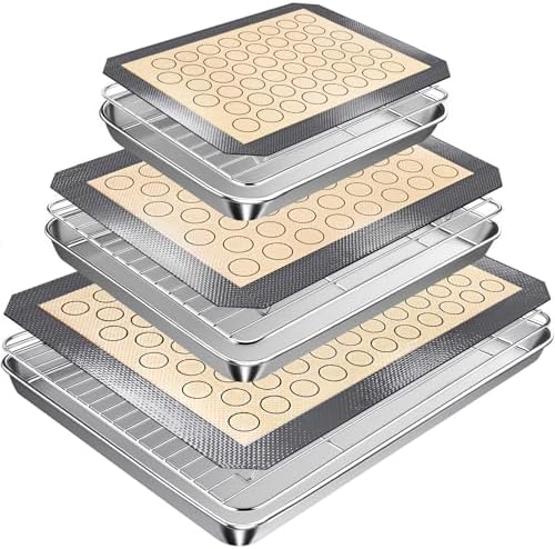 Stainless Steel Baking Sheet Tray Cooling Rack with Silicone Baking Mat Set, 9/12/16 Inch Cookie Sheet Baking Pan with Wire Rack Set, Set of 9 (3 Sheets + 3 Racks + 3 Mats), Heavy Duty & Rust Proof