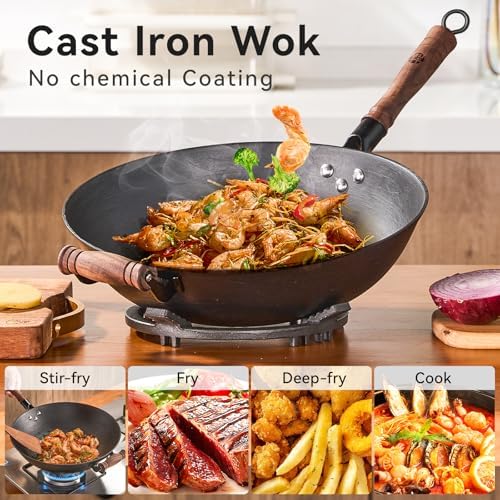 WANGYUANJI 12.6" Cast Iron Wok with Glass Lid, Flat Bottom