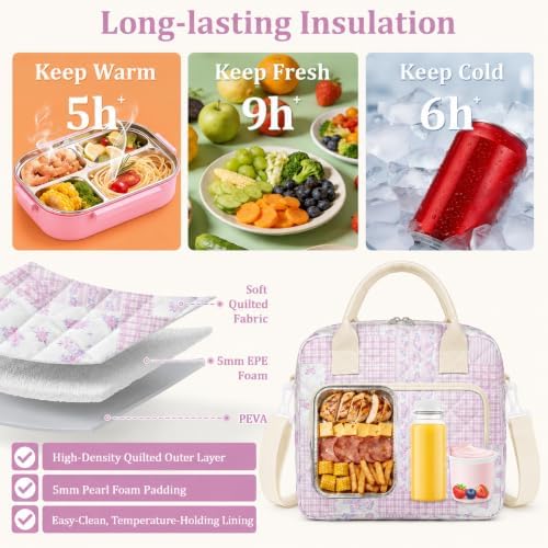 WOBAGMEN Quilted Lunch Box for Women,Large Floral Insulated Lunch Bag with Multiple Pockets,Adjustable Strap,Reusable Lunch Tote Box for Work Picnic Travel (Purple Floral Patchwork, M)