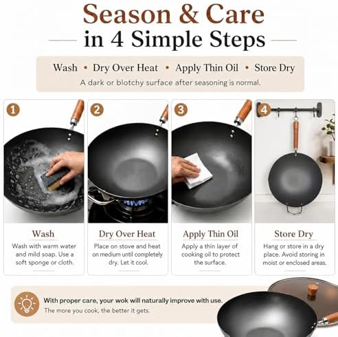 WANGYUANJI Carbon Steel Wok with Lid, 12.6 Inch Flat Bottom Chinese Wok