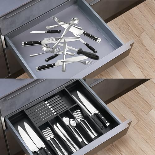 VaeFae Bamboo Silverware Drawer Organizer, 7 Slots, Black