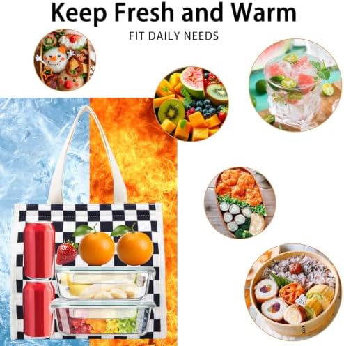 Insulated Lunch Bag for Work, 10.2"x5.9"x10.2" Oxford Waterproof Lunch Tote, Thermal Lunch Box for Office, Picnic & Outdoor, Striped Canvas Tote Bag -Check Black