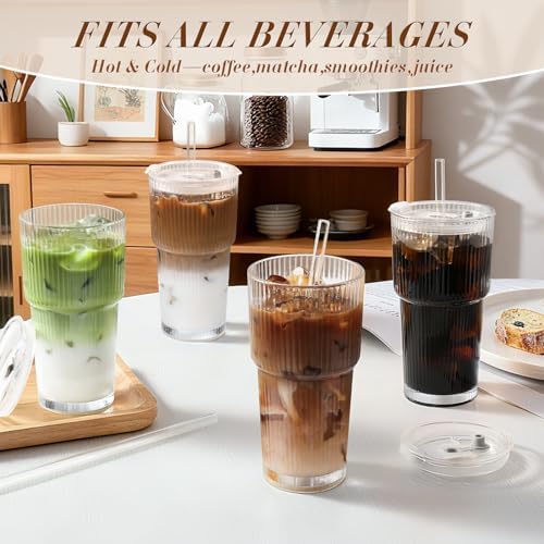 20oz Ribbed Iced Coffee Cups with Lids,4 Pcs Vintage Glass Cups Tumblers