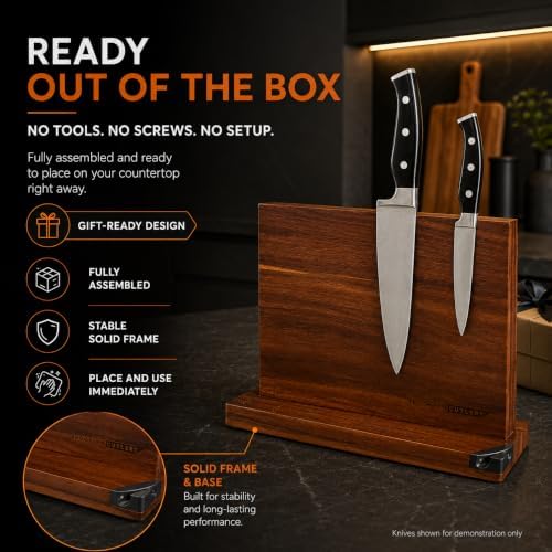Magnetic Knife Block, Acacia Wood Magnetic Knife Holder for Kitchen Counter Universal Knife Block Without Knives (12 x 10 With Sharpener)