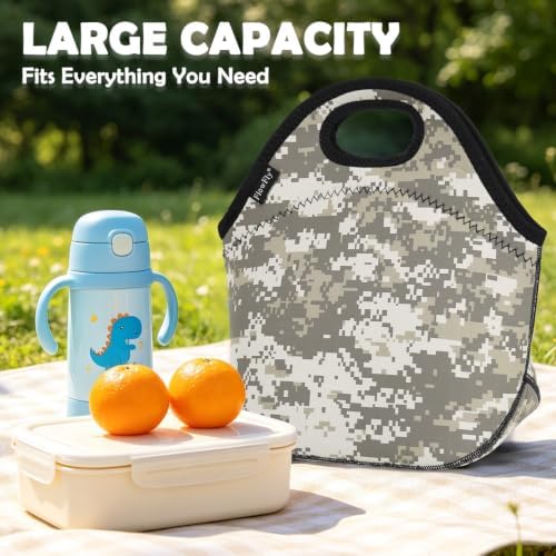 FlowFly Neoprene Lunch Tote Insulated Thermal Reusable Lunch Bag Box for Boys Men with Zipper (Digital Camo)